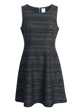 CECE Size 14 Fit & Flare Sleeveless Mini Dress Black Gold Metallic Stripe Woven
